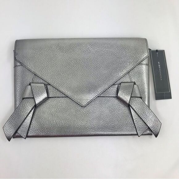 BCBGMaxAzria Nicolette Gunmetal Metallic Tie Embellished Envelope Clutch Bag - Picture 1 of 16